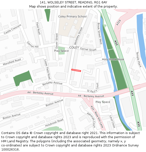 141, WOLSELEY STREET, READING, RG1 6AY: Location map and indicative extent of plot
