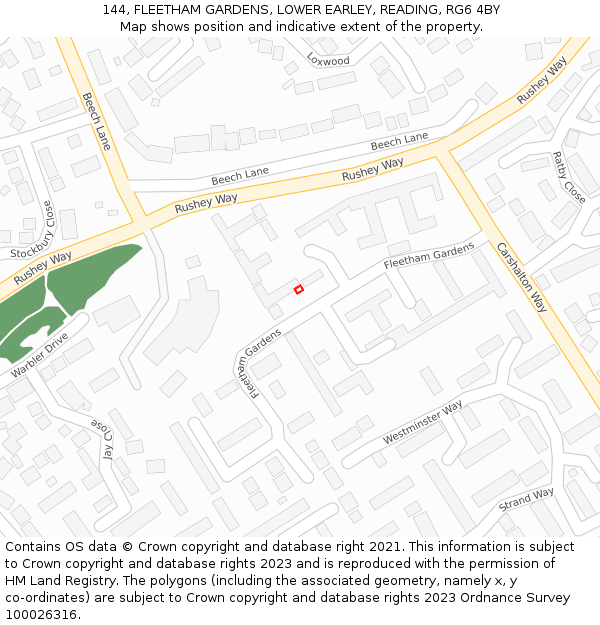 144, FLEETHAM GARDENS, LOWER EARLEY, READING, RG6 4BY: Location map and indicative extent of plot