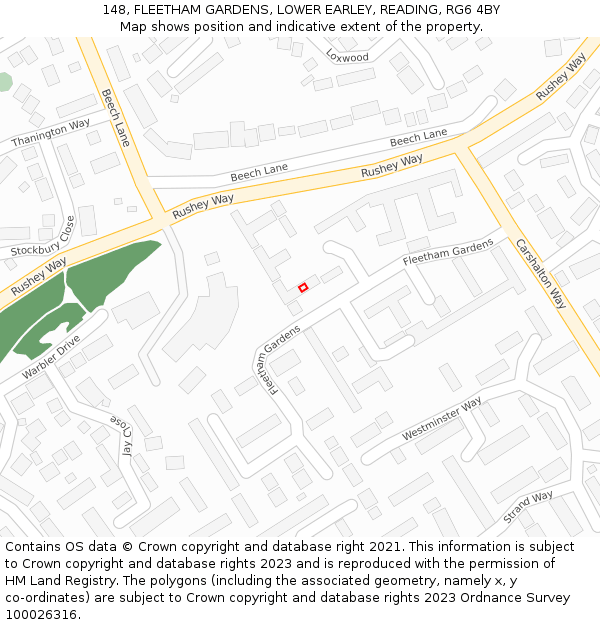 148, FLEETHAM GARDENS, LOWER EARLEY, READING, RG6 4BY: Location map and indicative extent of plot
