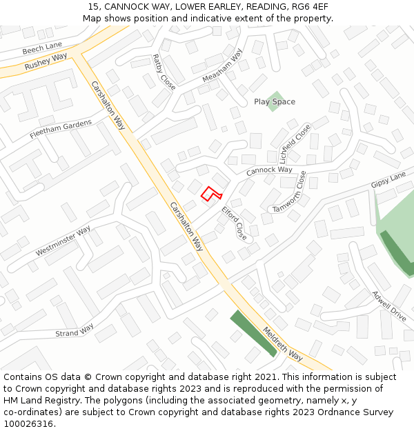 15, CANNOCK WAY, LOWER EARLEY, READING, RG6 4EF: Location map and indicative extent of plot