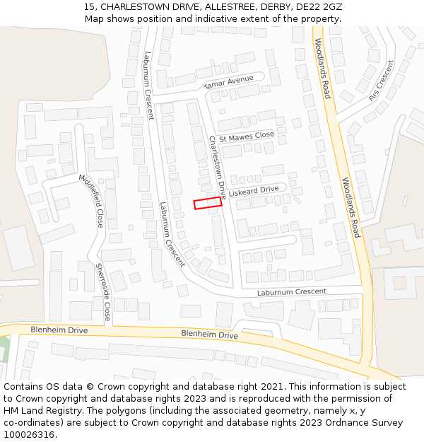 15, CHARLESTOWN DRIVE, ALLESTREE, DERBY, DE22 2GZ: Location map and indicative extent of plot
