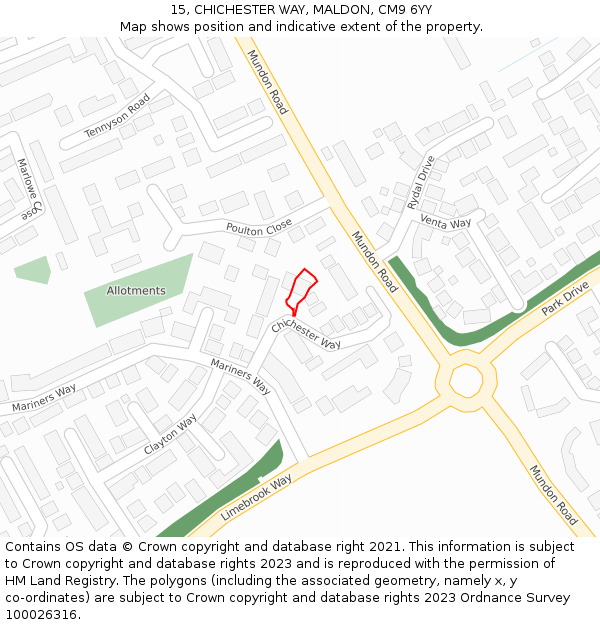 15, CHICHESTER WAY, MALDON, CM9 6YY: Location map and indicative extent of plot