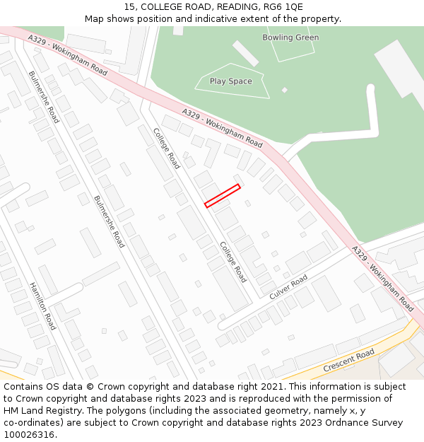 15, COLLEGE ROAD, READING, RG6 1QE: Location map and indicative extent of plot