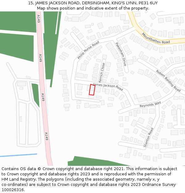 15, JAMES JACKSON ROAD, DERSINGHAM, KING'S LYNN, PE31 6UY: Location map and indicative extent of plot