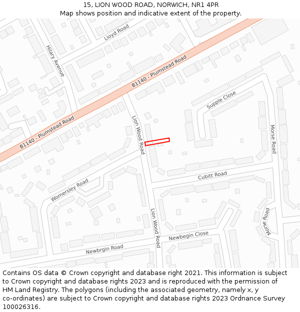 15, LION WOOD ROAD, NORWICH, NR1 4PR: Location map and indicative extent of plot