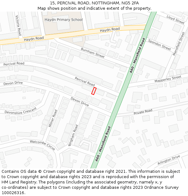 15, PERCIVAL ROAD, NOTTINGHAM, NG5 2FA: Location map and indicative extent of plot