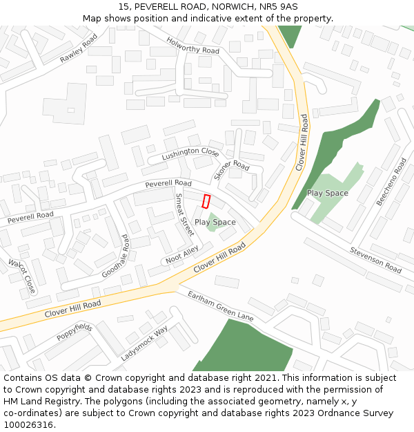 15, PEVERELL ROAD, NORWICH, NR5 9AS: Location map and indicative extent of plot