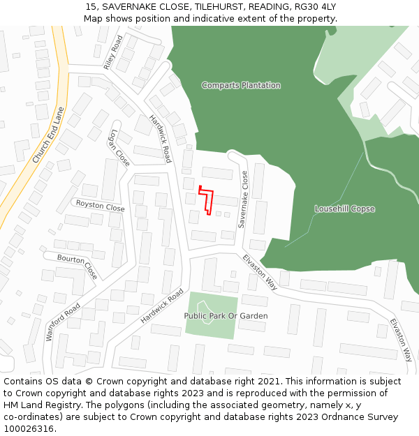 15, SAVERNAKE CLOSE, TILEHURST, READING, RG30 4LY: Location map and indicative extent of plot