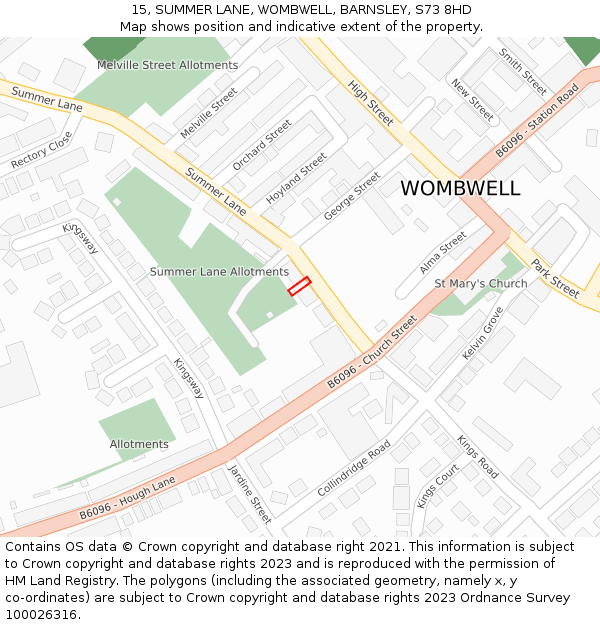15, SUMMER LANE, WOMBWELL, BARNSLEY, S73 8HD: Location map and indicative extent of plot
