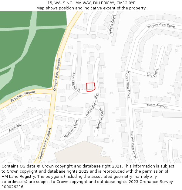 15, WALSINGHAM WAY, BILLERICAY, CM12 0YE: Location map and indicative extent of plot