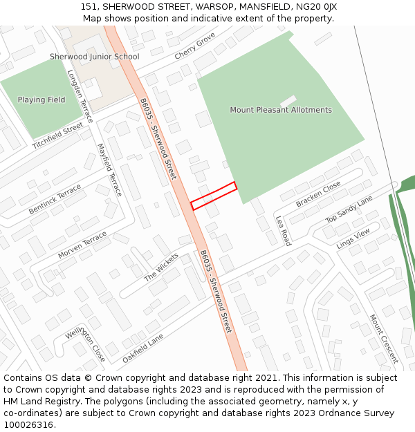 151, SHERWOOD STREET, WARSOP, MANSFIELD, NG20 0JX: Location map and indicative extent of plot