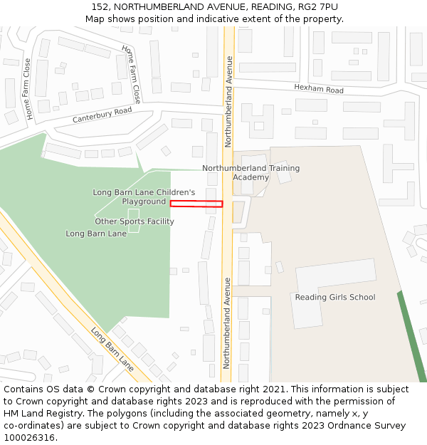152, NORTHUMBERLAND AVENUE, READING, RG2 7PU: Location map and indicative extent of plot