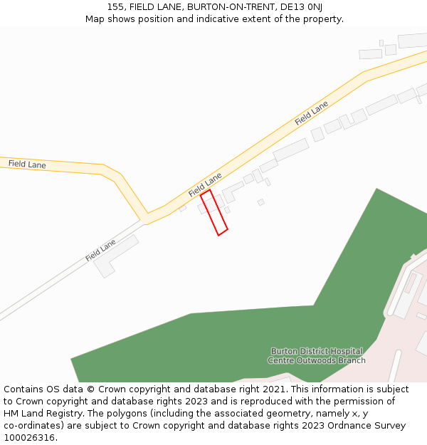 155, FIELD LANE, BURTON-ON-TRENT, DE13 0NJ: Location map and indicative extent of plot