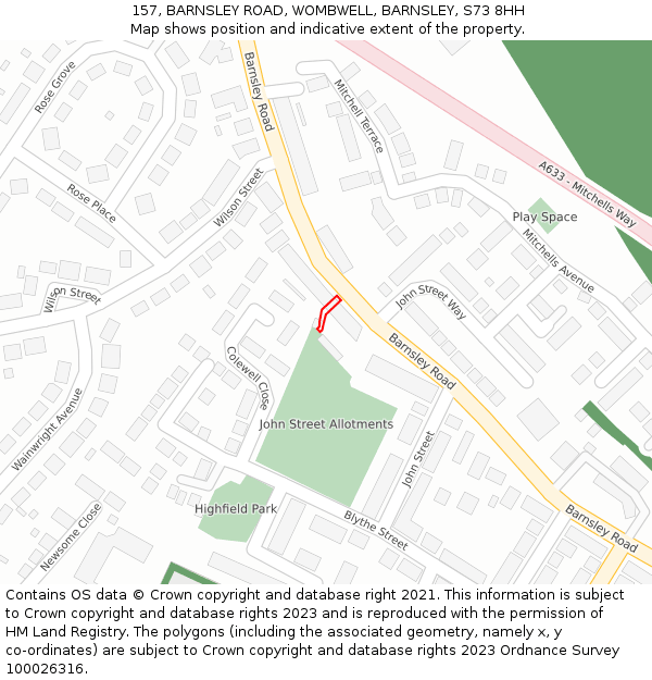 157, BARNSLEY ROAD, WOMBWELL, BARNSLEY, S73 8HH: Location map and indicative extent of plot