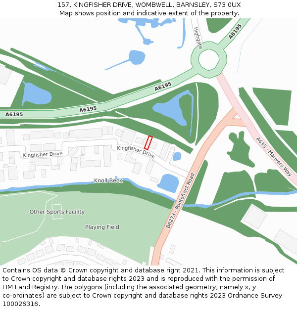 157, KINGFISHER DRIVE, WOMBWELL, BARNSLEY, S73 0UX: Location map and indicative extent of plot