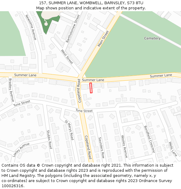 157, SUMMER LANE, WOMBWELL, BARNSLEY, S73 8TU: Location map and indicative extent of plot