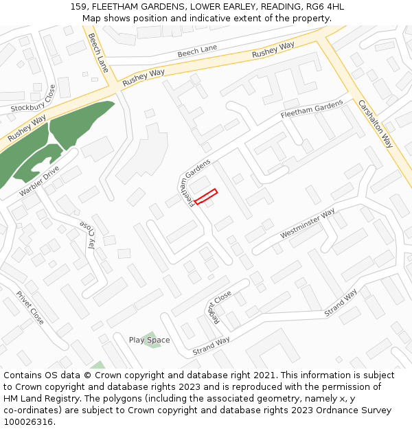 159, FLEETHAM GARDENS, LOWER EARLEY, READING, RG6 4HL: Location map and indicative extent of plot