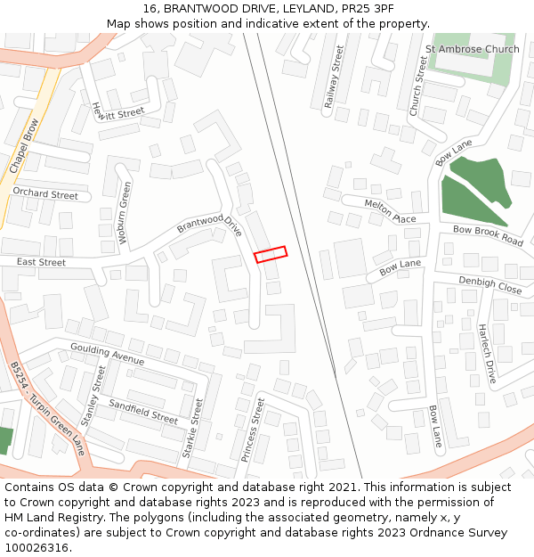 16, BRANTWOOD DRIVE, LEYLAND, PR25 3PF: Location map and indicative extent of plot