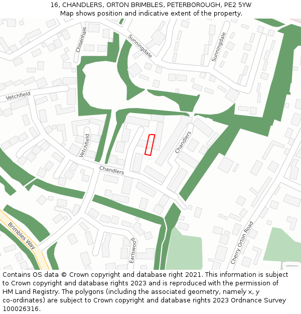 16, CHANDLERS, ORTON BRIMBLES, PETERBOROUGH, PE2 5YW: Location map and indicative extent of plot