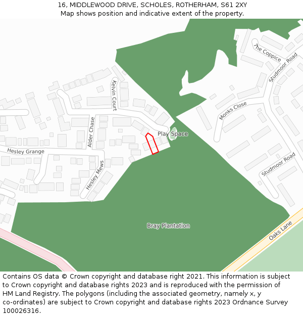 16, MIDDLEWOOD DRIVE, SCHOLES, ROTHERHAM, S61 2XY: Location map and indicative extent of plot
