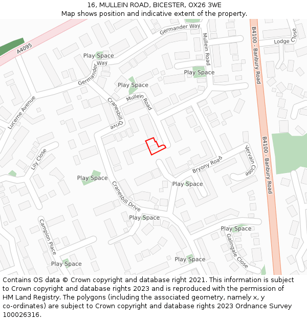 16, MULLEIN ROAD, BICESTER, OX26 3WE: Location map and indicative extent of plot