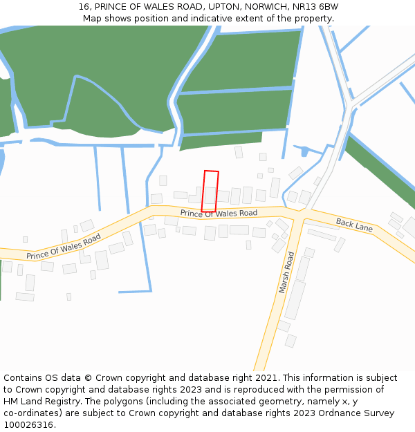 16, PRINCE OF WALES ROAD, UPTON, NORWICH, NR13 6BW: Location map and indicative extent of plot
