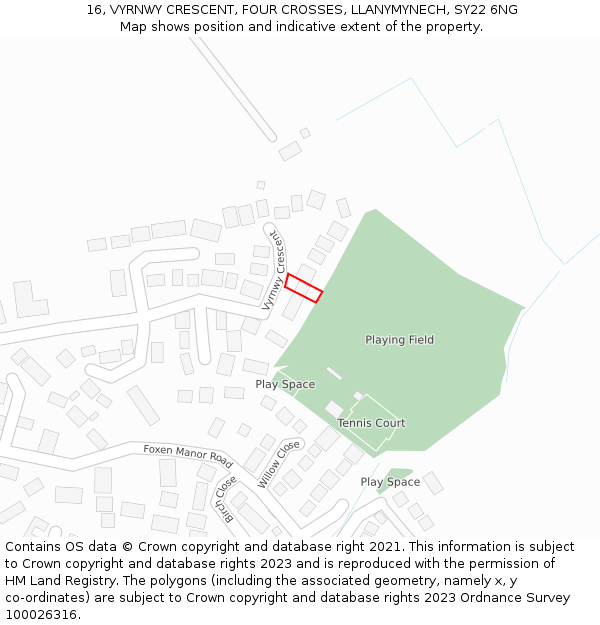 16, VYRNWY CRESCENT, FOUR CROSSES, LLANYMYNECH, SY22 6NG: Location map and indicative extent of plot