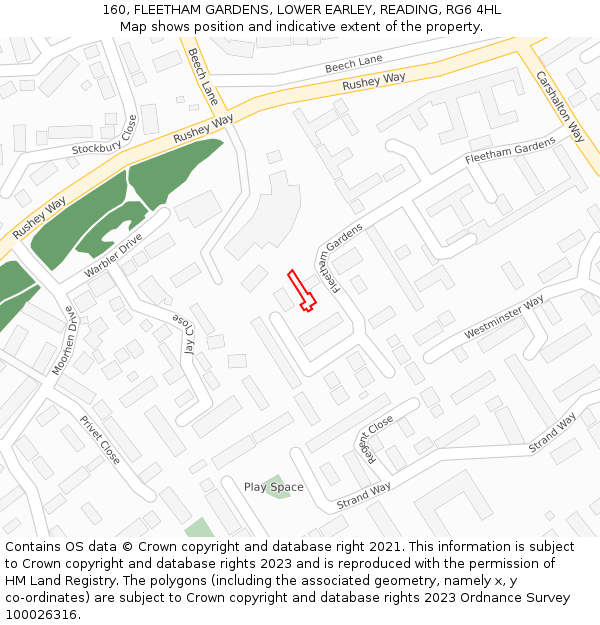 160, FLEETHAM GARDENS, LOWER EARLEY, READING, RG6 4HL: Location map and indicative extent of plot