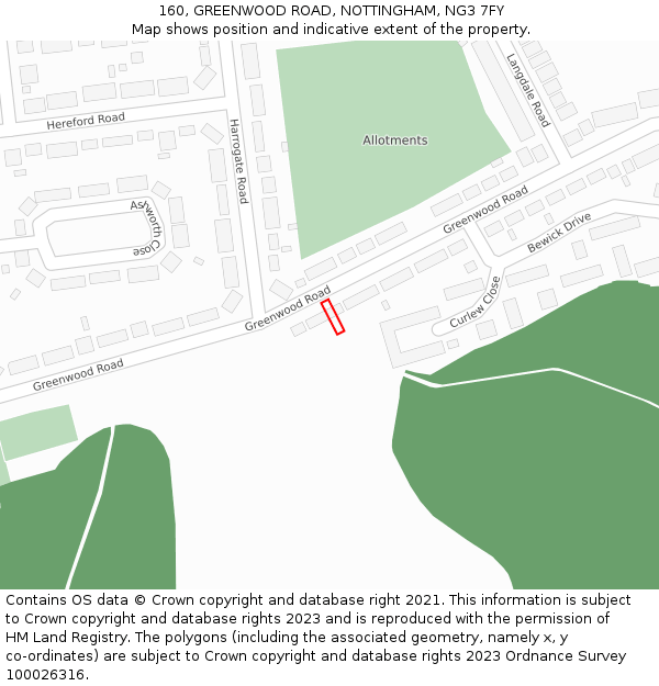 160, GREENWOOD ROAD, NOTTINGHAM, NG3 7FY: Location map and indicative extent of plot
