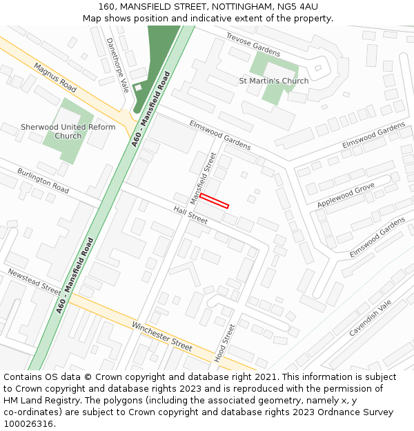 160, MANSFIELD STREET, NOTTINGHAM, NG5 4AU: Location map and indicative extent of plot