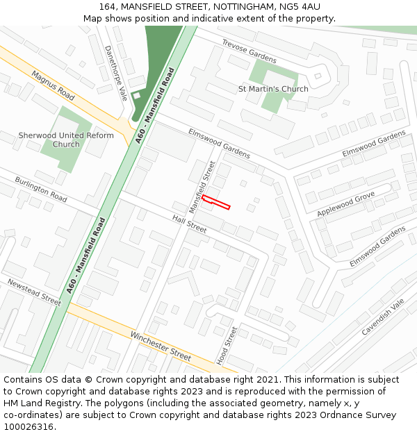 164, MANSFIELD STREET, NOTTINGHAM, NG5 4AU: Location map and indicative extent of plot