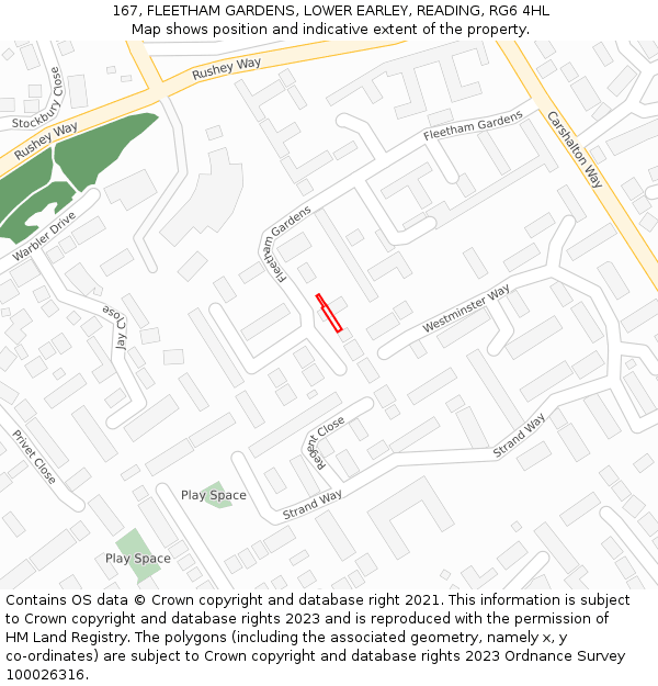 167, FLEETHAM GARDENS, LOWER EARLEY, READING, RG6 4HL: Location map and indicative extent of plot