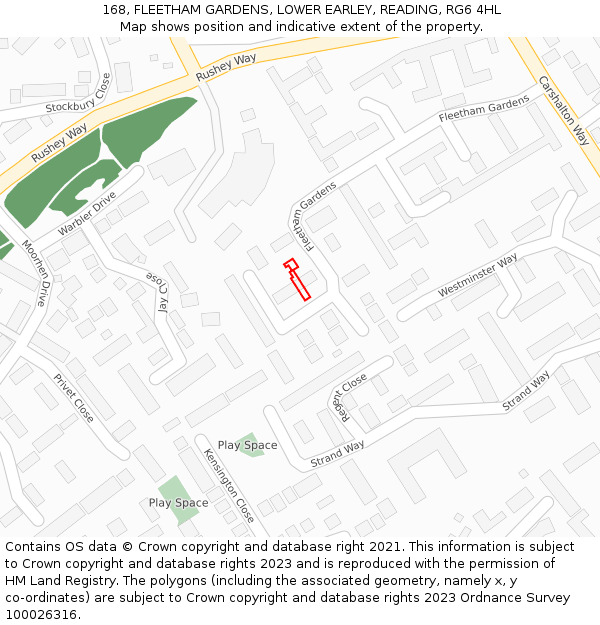 168, FLEETHAM GARDENS, LOWER EARLEY, READING, RG6 4HL: Location map and indicative extent of plot