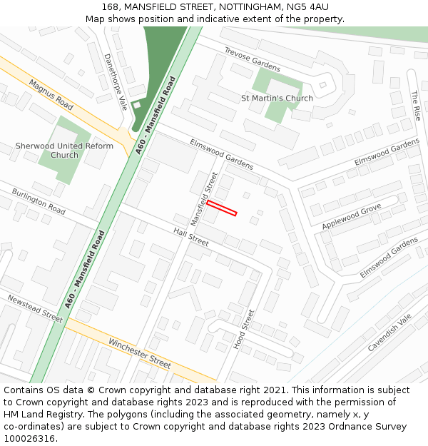 168, MANSFIELD STREET, NOTTINGHAM, NG5 4AU: Location map and indicative extent of plot