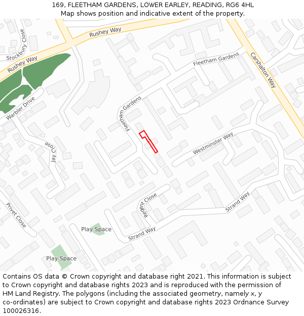 169, FLEETHAM GARDENS, LOWER EARLEY, READING, RG6 4HL: Location map and indicative extent of plot