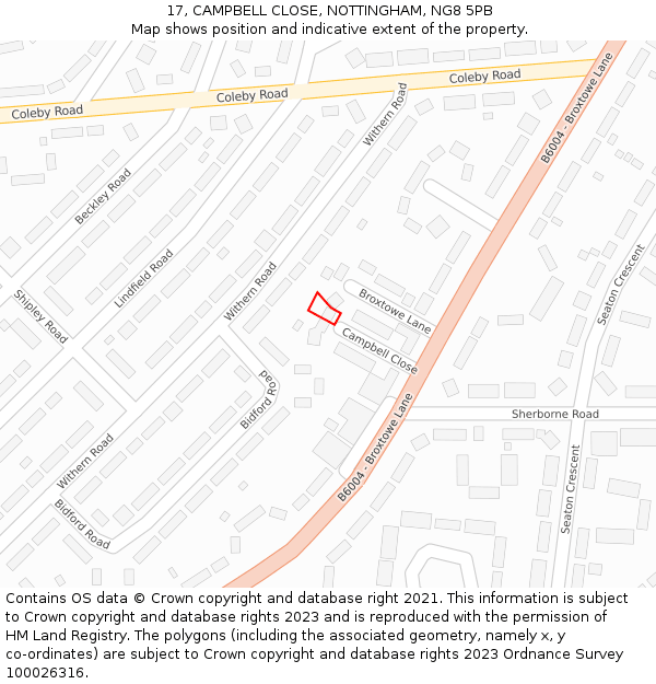 17, CAMPBELL CLOSE, NOTTINGHAM, NG8 5PB: Location map and indicative extent of plot