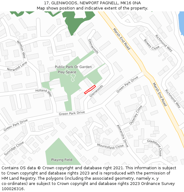 17, GLENWOODS, NEWPORT PAGNELL, MK16 0NA: Location map and indicative extent of plot
