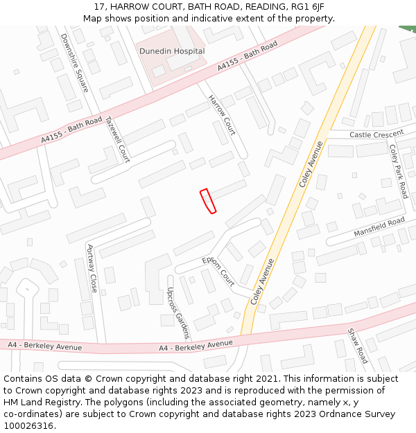 17, HARROW COURT, BATH ROAD, READING, RG1 6JF: Location map and indicative extent of plot
