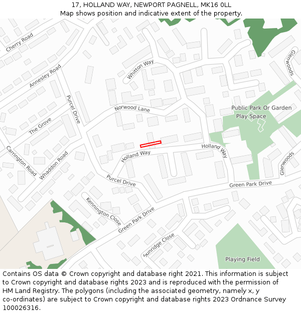 17, HOLLAND WAY, NEWPORT PAGNELL, MK16 0LL: Location map and indicative extent of plot