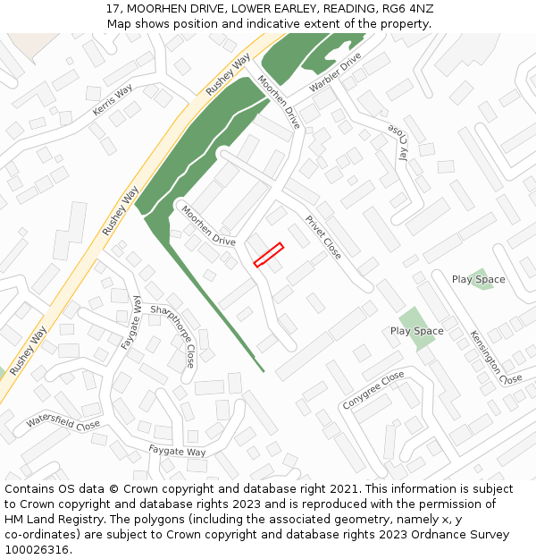 17, MOORHEN DRIVE, LOWER EARLEY, READING, RG6 4NZ: Location map and indicative extent of plot