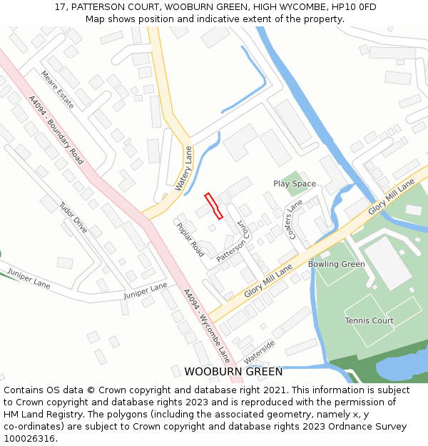 17, PATTERSON COURT, WOOBURN GREEN, HIGH WYCOMBE, HP10 0FD: Location map and indicative extent of plot