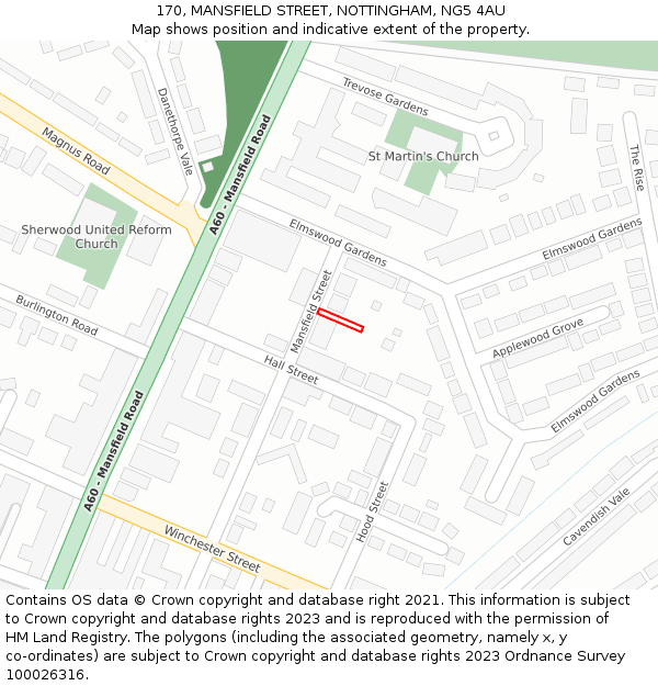 170, MANSFIELD STREET, NOTTINGHAM, NG5 4AU: Location map and indicative extent of plot