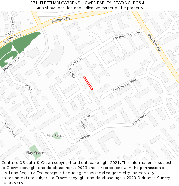 171, FLEETHAM GARDENS, LOWER EARLEY, READING, RG6 4HL: Location map and indicative extent of plot