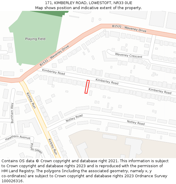 171, KIMBERLEY ROAD, LOWESTOFT, NR33 0UE: Location map and indicative extent of plot