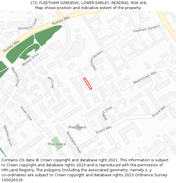 172, FLEETHAM GARDENS, LOWER EARLEY, READING, RG6 4HL: Location map and indicative extent of plot