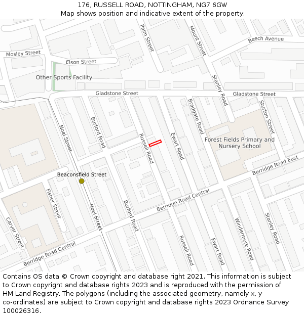 176, RUSSELL ROAD, NOTTINGHAM, NG7 6GW: Location map and indicative extent of plot
