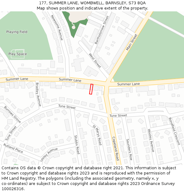 177, SUMMER LANE, WOMBWELL, BARNSLEY, S73 8QA: Location map and indicative extent of plot