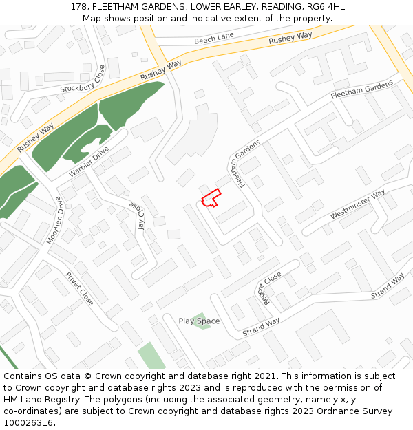 178, FLEETHAM GARDENS, LOWER EARLEY, READING, RG6 4HL: Location map and indicative extent of plot
