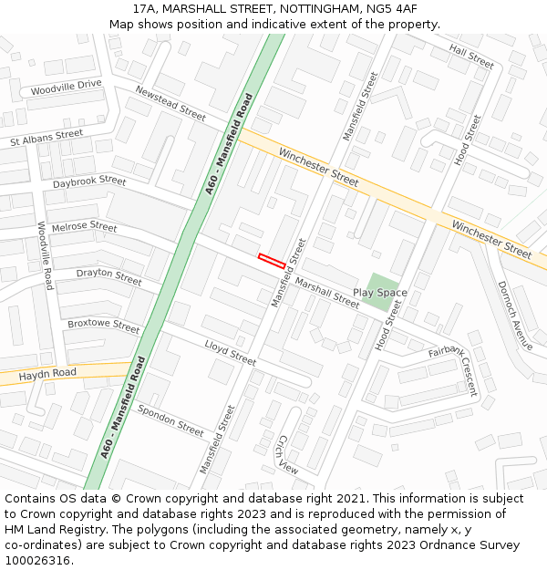 17A, MARSHALL STREET, NOTTINGHAM, NG5 4AF: Location map and indicative extent of plot