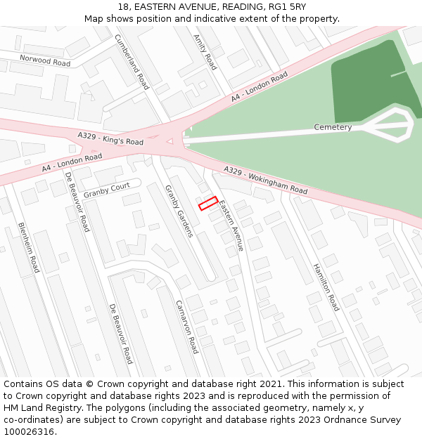 18, EASTERN AVENUE, READING, RG1 5RY: Location map and indicative extent of plot